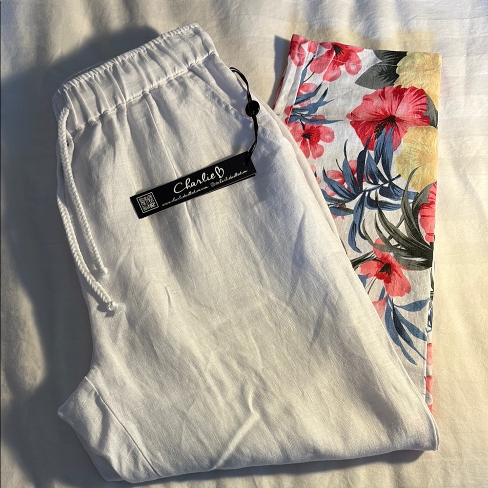 Charlie B white linen pajama style pants w floral design cuffs NWT